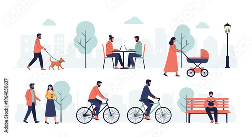 People enjoying a sunny day in a city park, walking, cycling, and relaxing