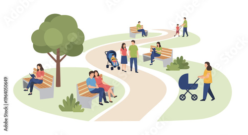 People enjoying a sunny day in a park, walking, relaxing on benches, and with strollers