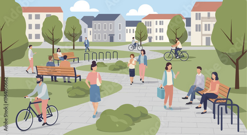 People enjoying a sunny day in a vibrant city park with trees, benches, and bicycles