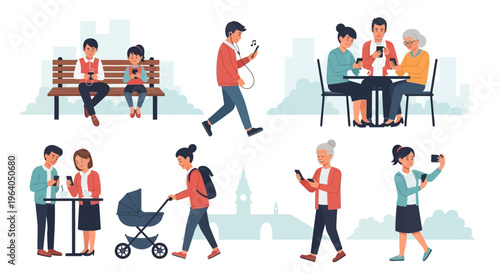 People of different ages using smartphones in various outdoor and indoor settings