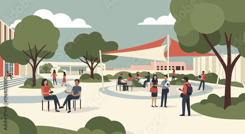 People relaxing and socializing in a modern campus courtyard with trees and shade.