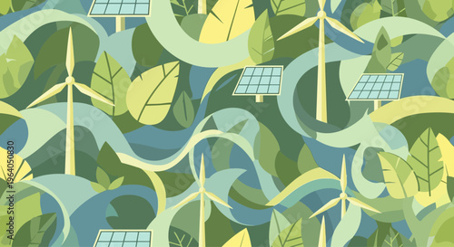 Renewable energy landscape with wind turbines and solar panels amidst lush greenery and flowing water.