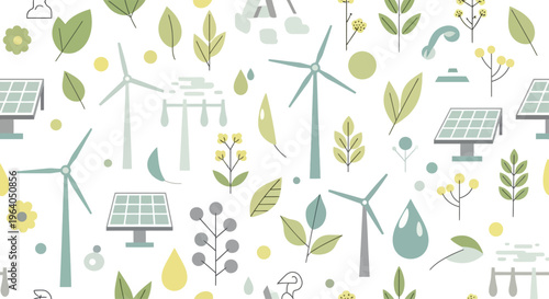 Renewable energy sources and nature elements seamless pattern, eco-friendly concept