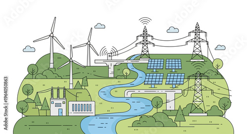 Renewable energy landscape with wind turbines, solar panels, and power lines