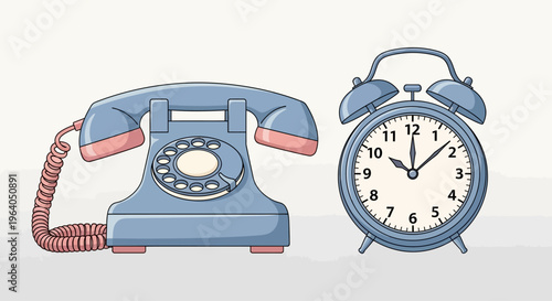 Retro Rotary Phone and Vintage Alarm Clock on a Light Background