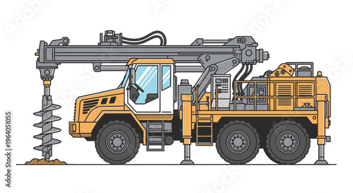 Large yellow construction drilling truck vehicle.