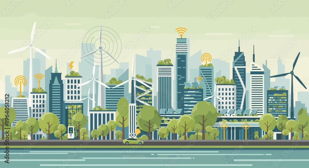 Obraz premium Smart City Skyline with Wind Turbines and Green Buildings, Sustainable Urban Future