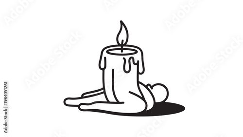 Cat Sitting Beside Melting Candle Line Art Burnout and Serenity Symbolic Concept