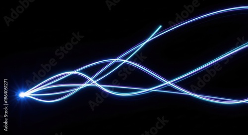 Abstract isolated neon streaks of bright cyan and violet crossing a deep black elegant wide angle perspective on blacksolid background