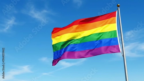 Rainbow LGBTQ+ pride flag waving on a metal flagpole against a clear blue sky with wispy clouds, representing diversity, freedom, and inclusion.
