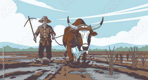 Man and oxen in agriculture field.