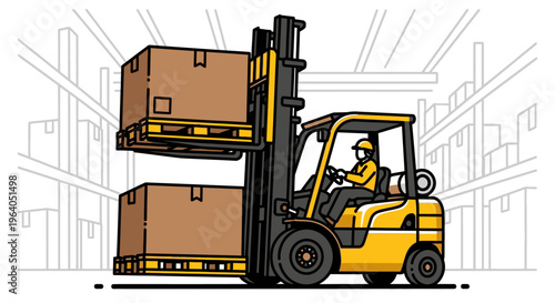 Man driving yellow forklift truck.