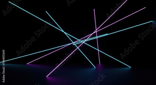 Abstract isolated neon streaks of bright cyan and violet crossing a deep black elegant wide angle perspective on blacksolid background