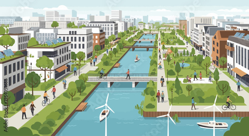 Sustainable city with green park, river, and modern buildings, eco-friendly urban landscape.