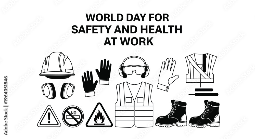 Fototapeta premium Black and white vector graphic illustration collection for world day for safety and health at work observance