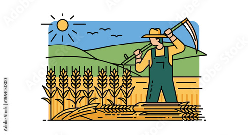 Man in overalls harvesting wheat crop.
