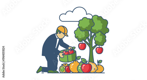 Man in suit picking apples from tree.