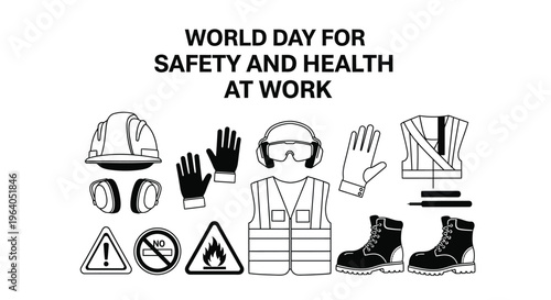 Black and white vector graphic illustration collection for world day for safety and health at work observance