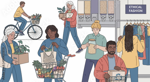 Sustainable Lifestyle: Diverse People Shopping Ethically and Eco-Friendly