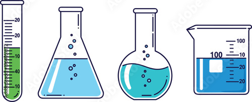 Laboratory glassware set with test tube Erlenmeyer flask round bottom flask and beaker containing colorful liquid for chemistry science and education