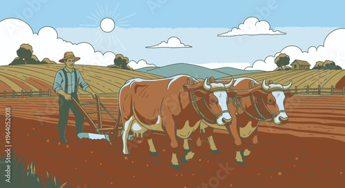 Man plowing field with two oxen.