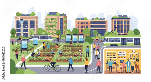 Sustainable urban community with green buildings, solar panels, and community garden