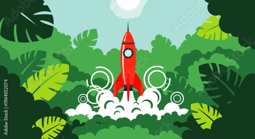 a vibrant red rocket launching from a dense green jungle symbolizing startup innovation and environmental progress