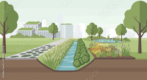 Sustainable Urban Drainage System (SuDS) with green roofs and water features