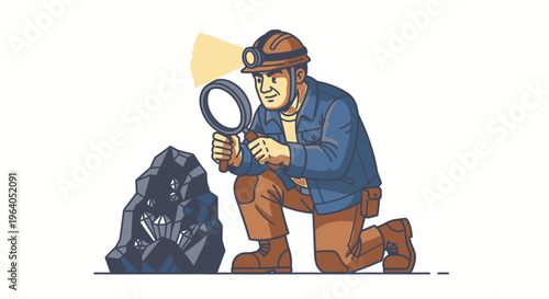 Man wearing a helmet examining a rock.