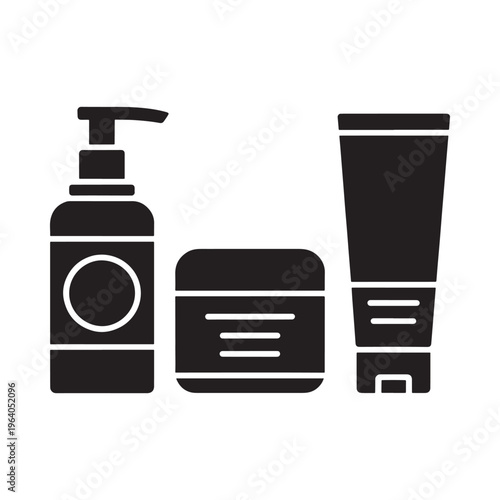 Simple black silhouette icons depicting skincare products lotion cleanser and cream