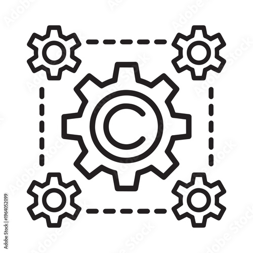 A black and white illustration depicting interconnected gears with a central c