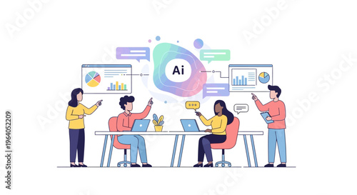 Team collaborating on AI project, data analysis, charts, and digital transformation