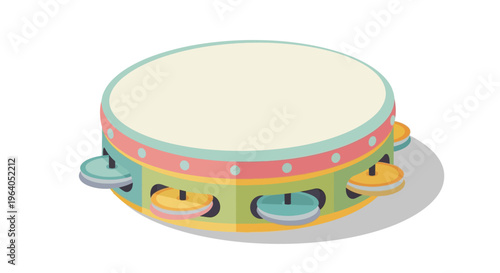 Tambourine Musical Instrument Isolated on White Background, Percussion Handheld Drum with Jingles