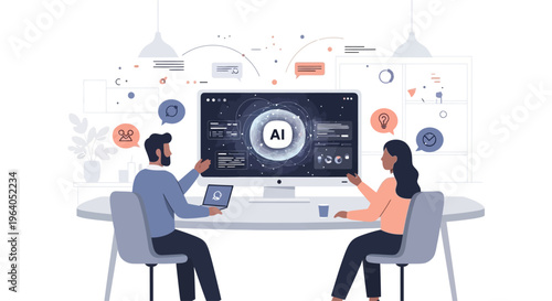 Team collaborating on AI technology, discussing data analysis on futuristic computer screen