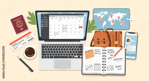Travel planning with laptop, calendar, passport, tickets, and world map