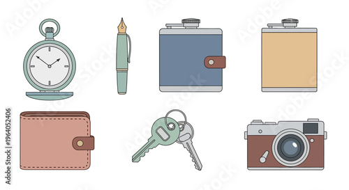 Vintage Accessories Collection: Pocket Watch, Pen, Flask, Wallet, Keys, Camera