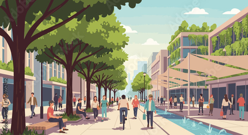 Vibrant Urban Street Scene with Green Architecture and Pedestrian Activity