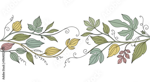 Vintage botanical border with delicate leaves and tendrils, pastel colors