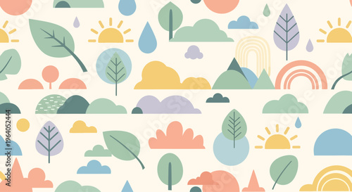 Whimsical Nature Pattern: Sun, Clouds, Rainbows, Trees, Leaves, Drops