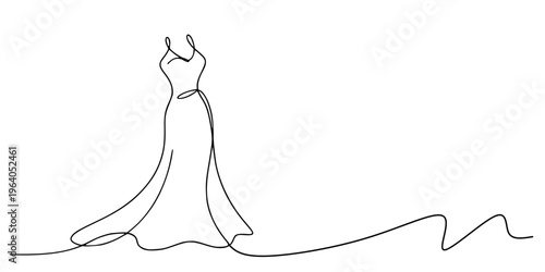 Elegant Dress Line Art, Minimalist continuous-line drawing of a long elegant dress on a hanger or mannequin