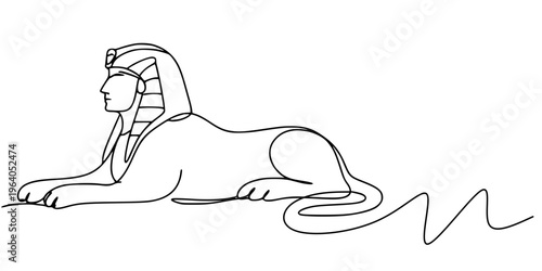 Great Sphinx of Giza Line Art, Minimalist continuous-line drawing of the Great Sphinx of Giza, with reclining lion body and human head