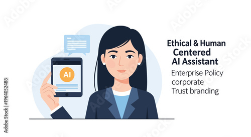 Woman holding smartphone with AI assistant, ethical AI concept, corporate trust branding