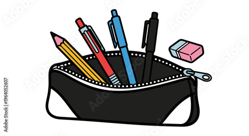 Pencil case with school supplies inside.