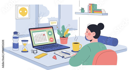 Woman working remotely, planning schedule on laptop, home office setup with yoga mat