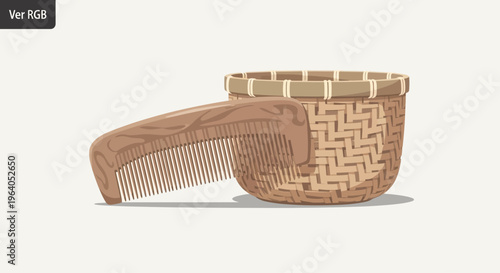 Wooden Comb and Woven Basket on White Background