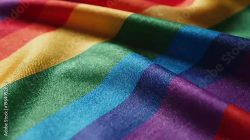 Macro shot of a vibrant rainbow pride flag showing detailed fabric texture with soft ripples and folds, representing LGBTQ equality and inclusion.
