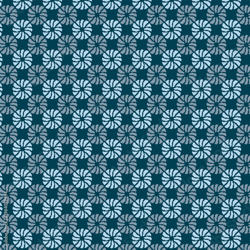 Small white flowers pattern doodle shapes motif continuous classic blue background. Modern floral fabric design textile swatch ladies dress, men's shirt all over print block.