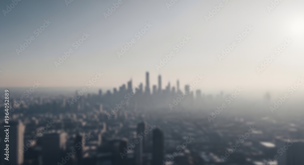 Fototapeta premium Misty city skyline at sunrise, urban skyscrapers in morning fog, hazy metropolitan cityscape