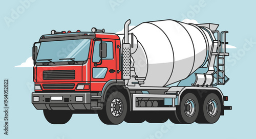 Red cement mixer truck vehicle.