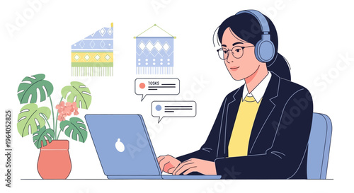 Young woman wearing headphones and glasses, working on a laptop, online communication, remote work